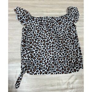 Womens Leopard Print Off The Shoulder Ruffle Swim Top Side Tie Brown XL